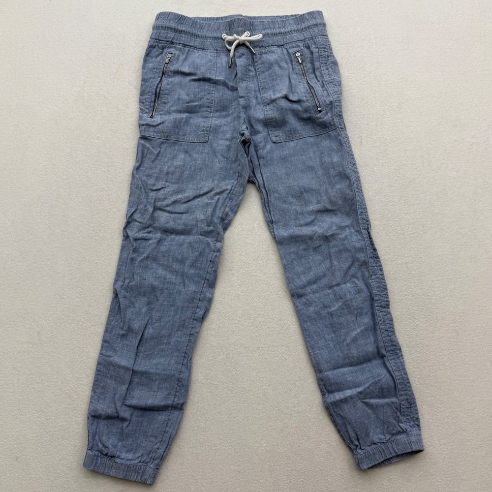 Athleta‎ Cabo 100% Linen Jogger Pants Women Size 2 Blue Drawstring Zip Pockets - Picture 2 of 8